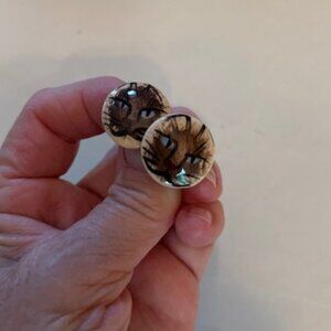 CAT FACE Earrings Glazed Ceramic Studs Artisan- Vintage